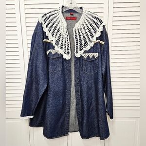 vintage denim shirt jacket with large crocheted lace collar & lace accents